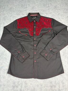 Outlander Craft Flow Western Snap Shirt Black Red Flock Small 38
